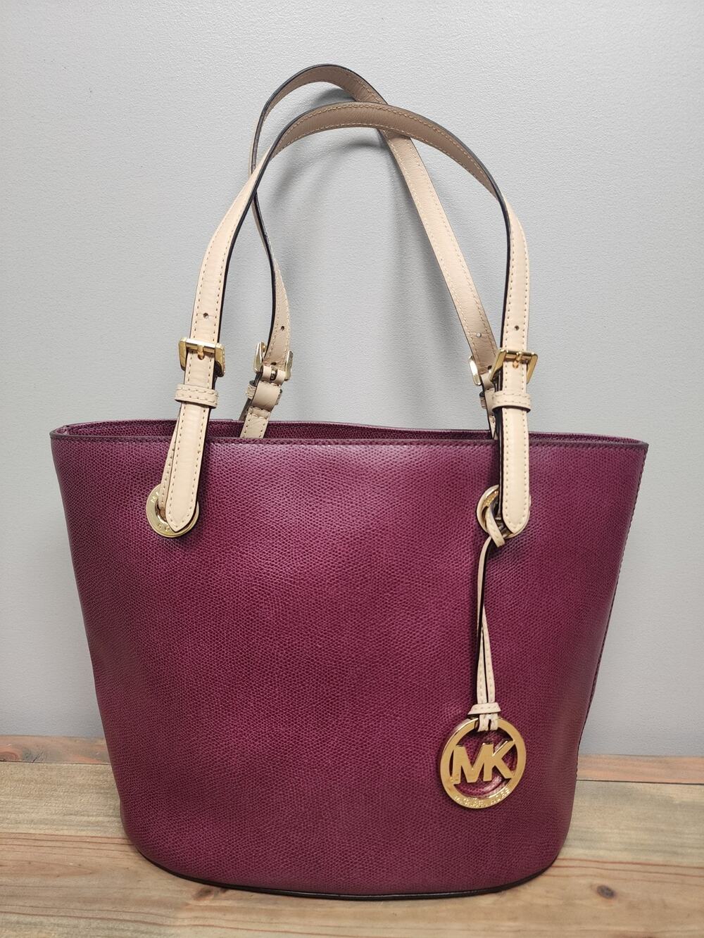 Michael Kors Burgundy Tote Shoulder Bag Gold Hardware Logo Charm Beige Straps